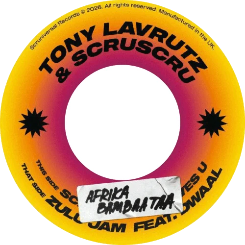 Tony Lavrutz and Scruscru Afrika Bambaataa b/w Zulu Jam 7-inch vinyl label artwork